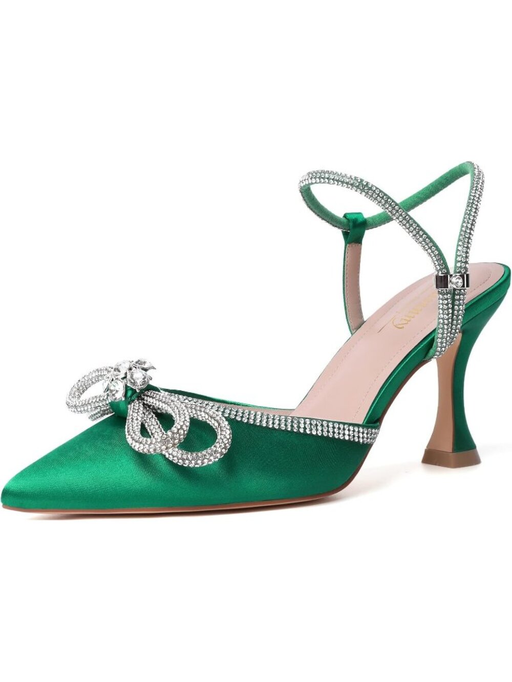 Women's Patentgreen Bow Satin Rhinestone Pointed Toe Spool Slingback Heel Shoes